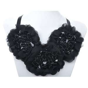   Black Flowers Sequined Beads Ribbon Decorative Bib Necklace Jewelry