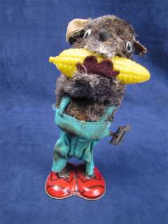 Wind Up Cloth Covered Tin Bear Eating Corn On The Cob  