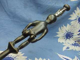   AFRICAN WALKING STICK CANE CARVED WOOD INLAID MOTHER OF PEARL  
