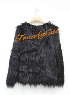   Woman Black Long Full Sleeve Yarns Favor Faux Fur Jacket Coat  