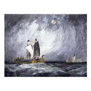 Fleet of Viking Ships at Sea Giclee Poster Print, 12x16 